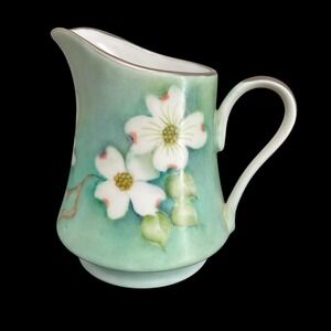 Hand Painted Dogwood Creamer Porcelain Green & White Vintage‎